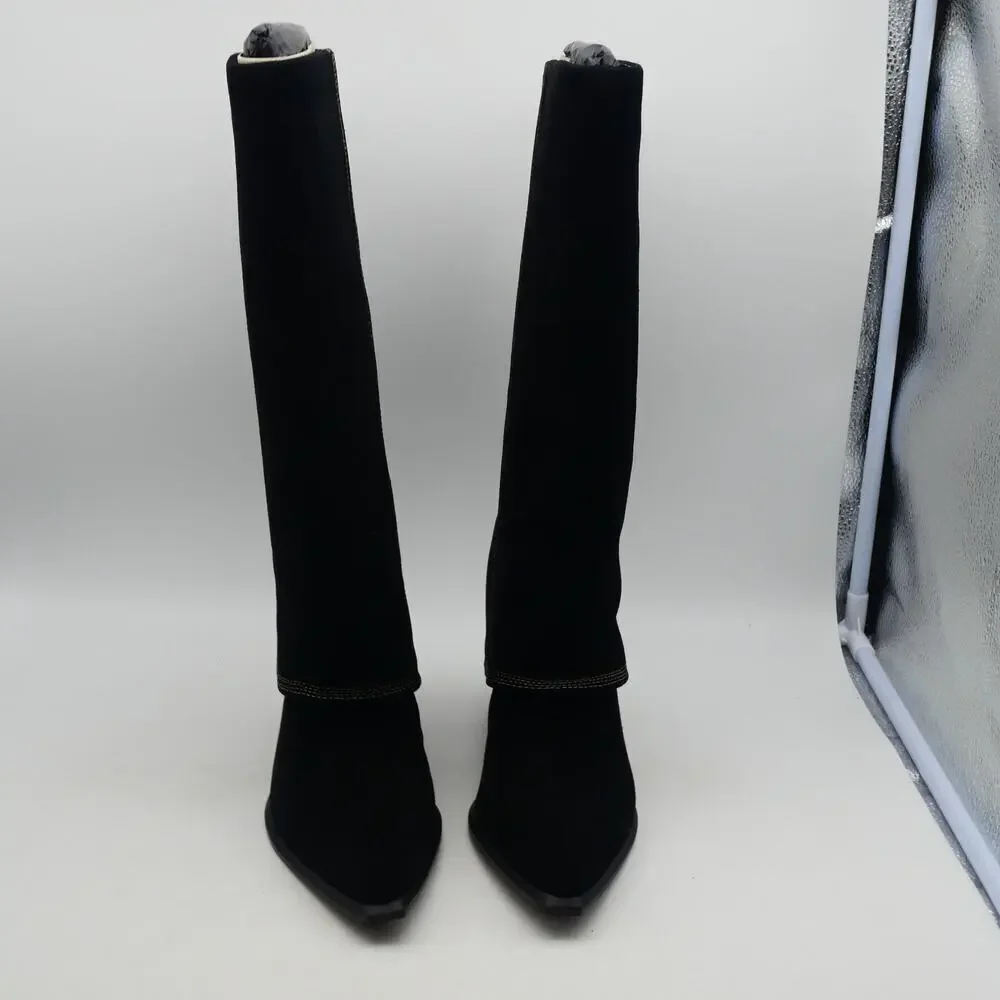 NEW Nine West Women's 8.5 Rimepy Foldover Boot Black Suede  Block Heel